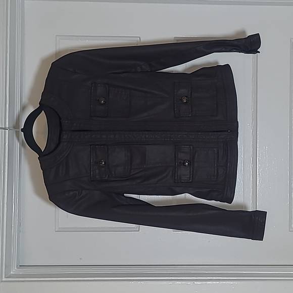 White House Black Market Fitted Coated Utility Jacket. Very dark reddish-brown. - Picture 12 of 12